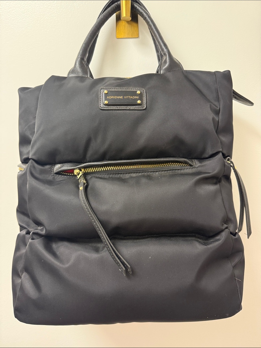 Adrienne Vittadini Black Quilted Puffer Tote with Gold Hardware